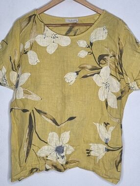 Bellambia Linen Yellow Floral Short Sleeve Top Made In Italy Medium M